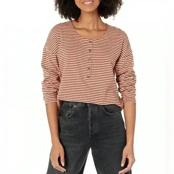 MADEWELL DUSTY REDWOOD LONG SLEEVE DOUBLE-FACED STRIPED HENLEY TEE TOP Size XS - Picture 1 of 10
